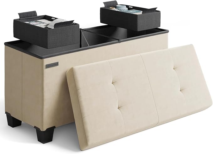Storage Ottoman Bench with Bins, 30-in Storage Bench for Bedroom End of Bed, Folding Foot Rest Ottoman for Living Room Max 660lbs, Velvet Ottomans, Beige