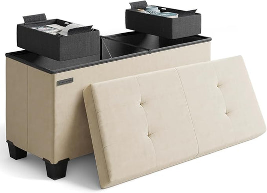 Storage Ottoman Bench with Bins, 30-in Storage Bench for Bedroom End of Bed, Folding Foot Rest Ottoman for Living Room Max 660lbs, Velvet Ottomans, Beige
