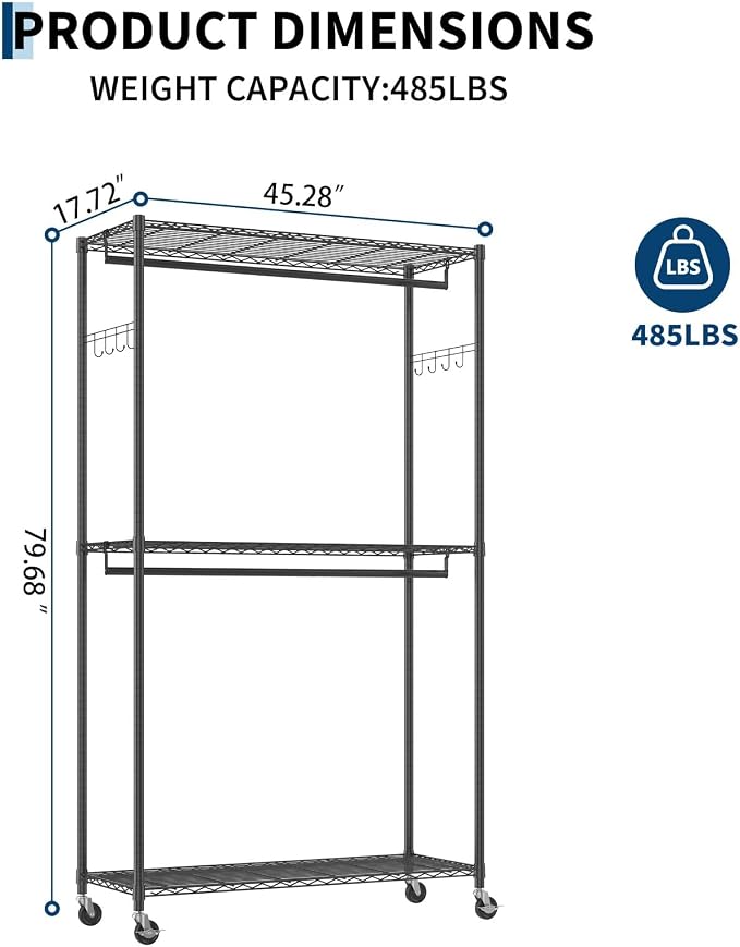 Heavy Duty Garment Rack 485LBS Closet Wardrobe with 4 Wheels & Cover Clothes Rack for Hanging Clothes with Adjustable 3 Shelves & 2 Hanging Rods 45" Lx17 Wx79 H Black