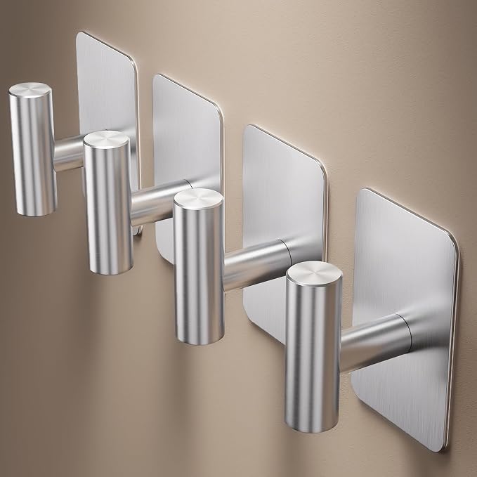 Heavy Duty Adhesive Hooks - 26lb Max, Sticky Wall Hooks Waterproof Stainless Steel for Hanging Towel, Coat, Robe, Towel Hooks Stick on Bathroom, Kitchen, Shower, Door (Silver, 2 Pack)