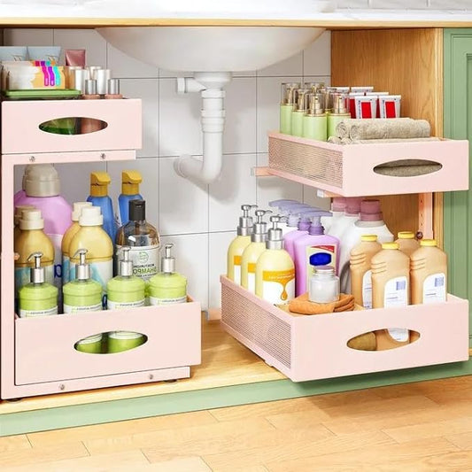 Under Sink Organizer, 2-Pack Pull Out Cabinet Organizer 2 Tier Metal Slide Out Storage Shelf Rack, L-Shaped Adjustable Height,Mesh Sliding Drawer for Kitchen, Bathroom, Laundry, Pantry, Pink, XL