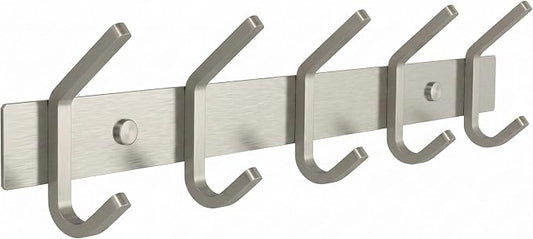 Coat Rack Wall Mount – Brushed Nickel 15 Inch Stainless Steel Hook Rail with 5 Heavy Duty Double Coat Hooks – Wall Mounted Coat Hanger for Entryway, Bathroom, Bedroom, Towel, Hat Organizer