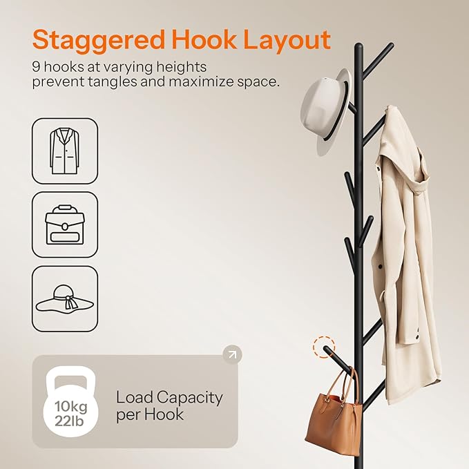 HOOBRO Coat Rack Stand with 9 Hooks, Metal Freestanding Coat Tree with Wooden Base, Heavy Duty Hall Tree for Entryway, Space Saving Coat Hanger Stand with Thickened Base, Rustic Brown BF11YM01
