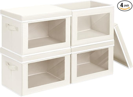 Homsorout Fabric Storage Bins with Lids, Decorative Storage Boxes, Closet Storage Bins with Window, Storage Baskets for Closet, Closet Organizers for Towel, Clothes, Beige, 4-Pack
