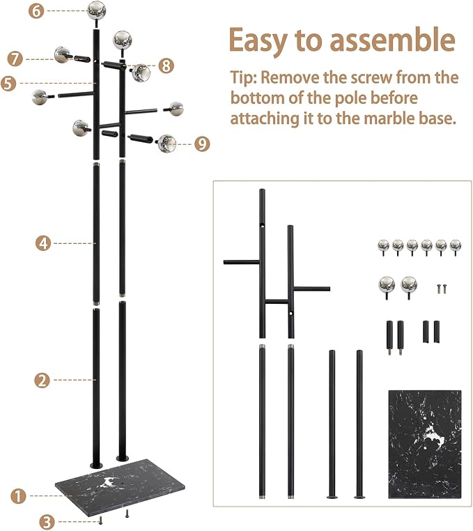 Metal Standing Coat Rack for Entryway Bedroom Living Room (Black) | Easy Assembly, Compact Footprint, Space Saver, Metal Frame, Marble Base, Sturdy, 8 Spherical Hooks, Office, Corner