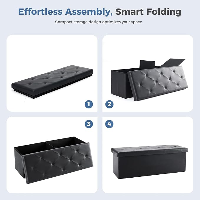 DUMOS 43 Inch Folding Storage Ottoman Bench, Large Ottoman with Storage | Storage Chest with Padded Seat, End of Bed Foot Rest Stool for Bedroom Living Room, Load 660 lbs, Synthetic Leather, Black
