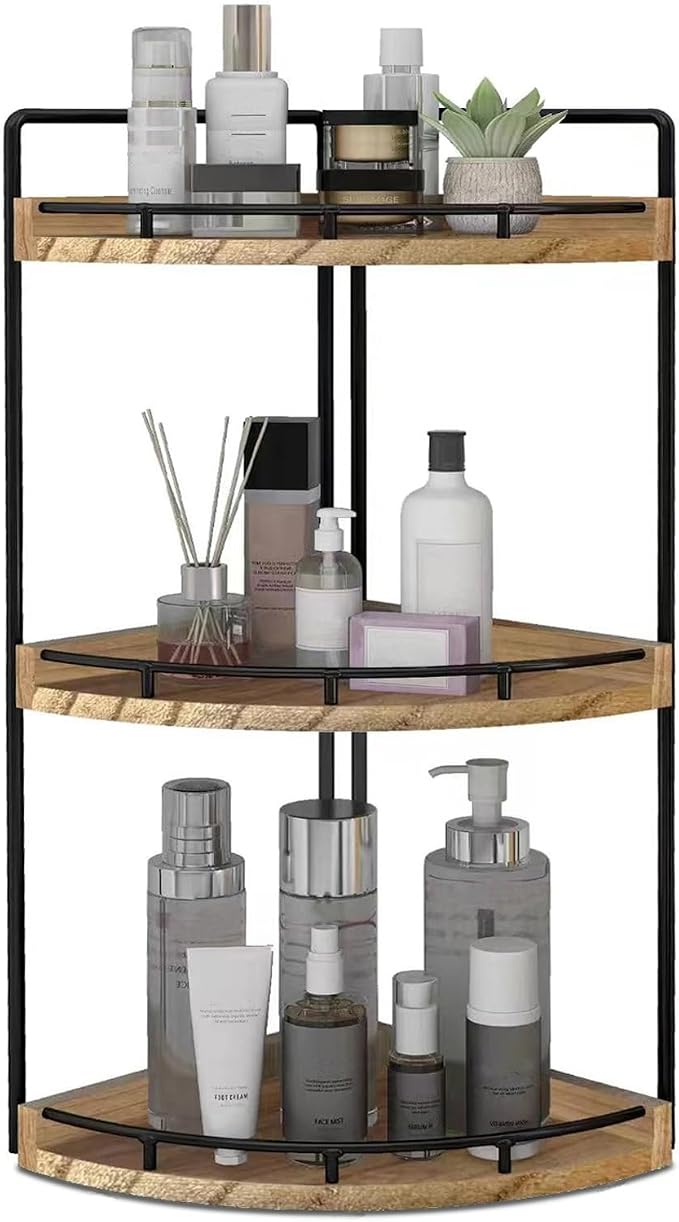 Dorhors Corner Bathroom Organizer Countertop,Vanity Counter Storage Shelf | 3 Tier Rustic Brown Stand Rack Holder for Kitchen,Dresser,Restroom,Wood Bathroom Sink Tray for Makeup,Perfume,Skincare,Lotion