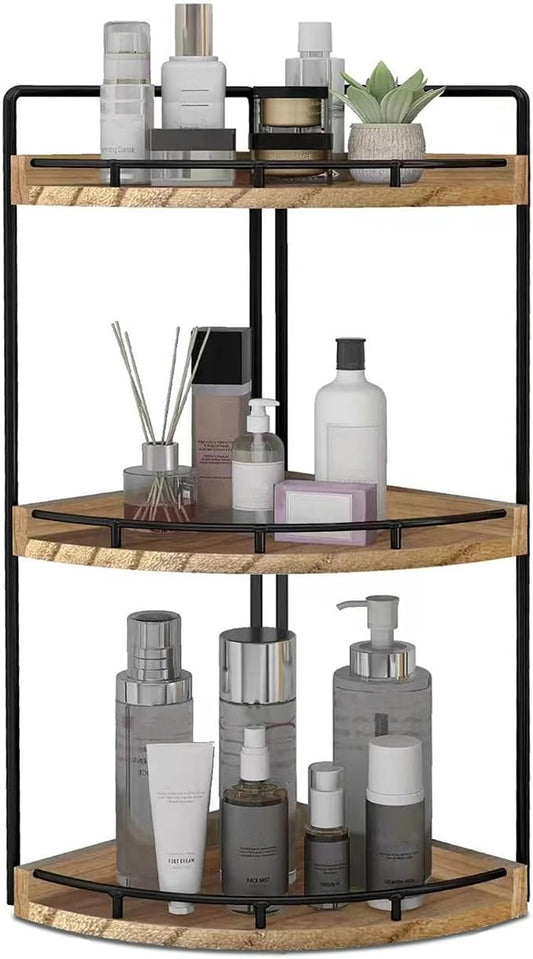Dorhors Corner Bathroom Organizer Countertop,Vanity Counter Storage Shelf | 3 Tier Rustic Brown Stand Rack Holder for Kitchen,Dresser,Restroom,Wood Bathroom Sink Tray for Makeup,Perfume,Skincare,Lotion