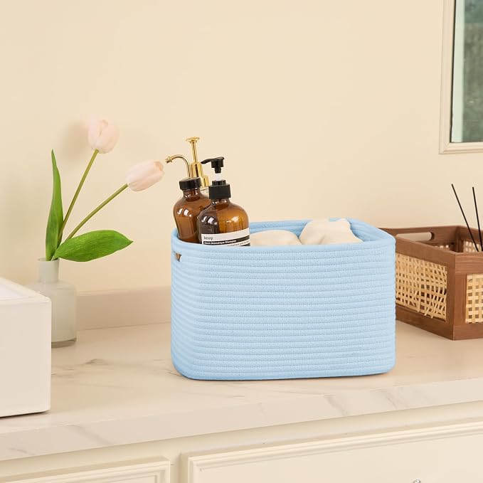 OIAHOMY 4 Pack Storage Baskets for Organizing, Cube Storage Bins for Shelves, Rectangle Storage Baskets With Handles, Woven Baskets for Storage, 12.7''Lx9''Wx7.8''H, Light Blue