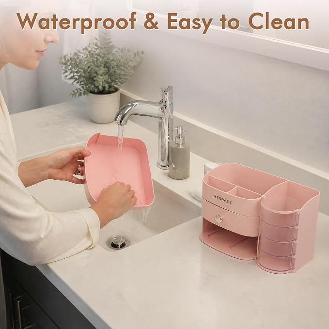 Makeup Organizer Countertop, Make Up Organizer for Vanity | Skincare & Cosmetic Organizers with Drawers, Bathroom Storage for Brush Holder|Lipstick|Jewelry, Ideal Gift for Women, Pink