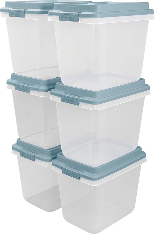 Hefty 6 Pack Lift Off Storage Bin with Lid, 32 Quart, Smoke Blue | Stackable Clear Plastic Container Totes for Home, Office, and Classroom Organization