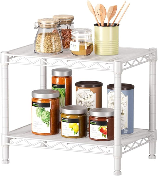 SINGAYE Small Shelves Kitchen Storage Shelf Wire Shelving Metal Adjustable | 2 Tier Shelf Organizers Storage Shelving Unit for Office Pantry Laundry Bathroom Closet Home 11.6" D X 17.6" W X 12" H White