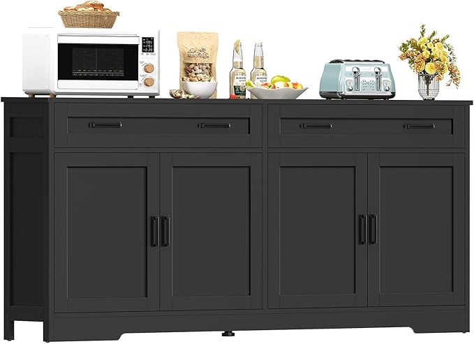 usikey 63" Buffet Cabinet with Storage, Large Sideboard Buffet Cabinet with 2 Adjustable Shelves and 4 Doors, Modern Farmhouse Coffee Bar for Kitchen, Living Room, Black