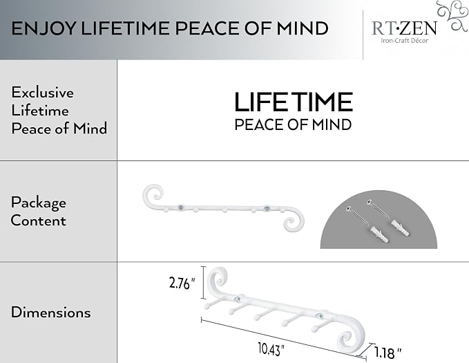 RTZEN Farmhouse Small Key Holder for Wall, Wrought Iron Wall Mount Rack | Handcrafted Swirl Decorative, 5 Key Hooks for Home Entryway, Purse, Coat and Leash Holder or Organizer (Classic White)