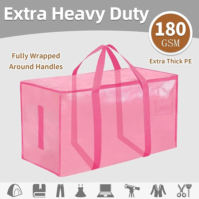 16 Pack-Extra Large Heavy Duty Moving Bags - Waterproof Storage Totes with Handles & Zippers, Foldable for College Dorm, Storage (Pink)