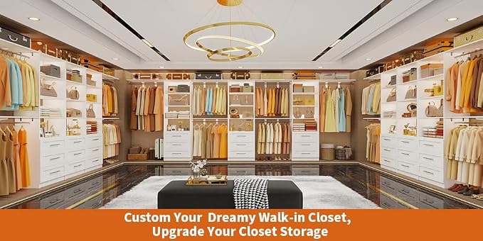 Closet System with 9 Drawers, 9-17FT Custom Closet Organizer System Wood with 9 Hanging Rods & Adjustable Shelves, Walk in Closet Organizer Shelving System, Modular Closet Systems Kits, 3 Sets, White