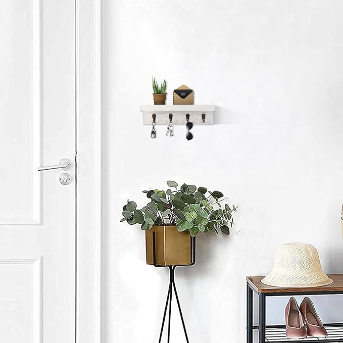 HRONRAD Rustic Key Holder for Wall, Farmhouse Wall Shelf with 4 Hooks, Wall Mounted Key Racks, Wooden Mail Organizer with Hooks for Entryway (White)