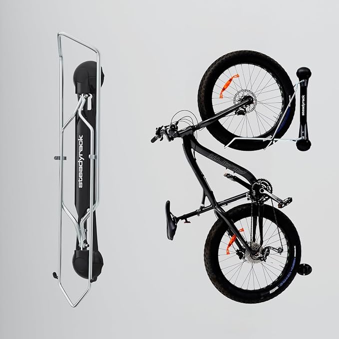 Steadyrack Fat Bike Wall Mount, Vertical Storage for 2.8 to 4.5 in Tires | Holds fat bikes and fat e-bikes without fenders. Roll-in, no lifting, folds flat, chrome-plated steel for garage use.