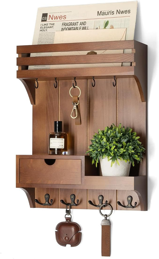 Rebee Vision Key Holder Wall Mount with Drawer Organizer for Entryway,Brown | Key Holder for Wall , 9 Sturdy Key Hooks, Floating Shelf, Plant Display, Drawer Organizer, Mail Sorter, Home Decor Storage