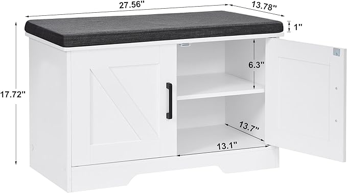 HOMSHO Farmhouse Shoe Storage Bench with 2 Barn Doors & Padded Seat Cushion | 27.6" Wide Entryway Bench with Adjustable Shelves & Hidden Storage, White