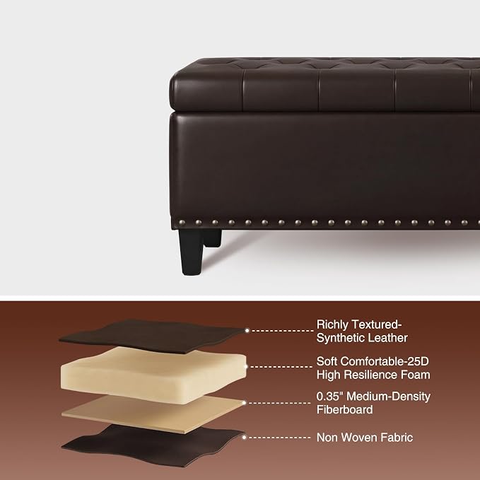 FiveWillowise 51 Inch Storage Ottoman Bench,Large End of Bed Storage Bench | Faux Leather Ottoman with Storage,30 Gallons,Upholstered,with Nailhead Trim,Legs,for Bedroom,Living Room,Entryway,Chocolate
