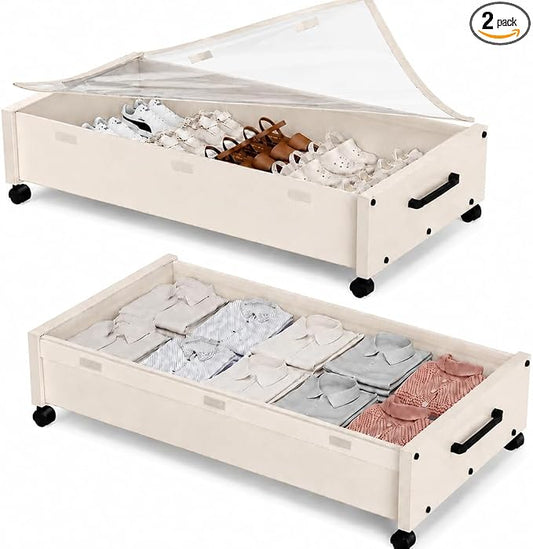KITHELP Wooden Under Bed Storage with Wheels, Rolling Under the Bed Storage Bins with Removable Lid, Metal Under Bed Drawers for Clothes and Shoes in Bedroom or Living Room (White-2pack)