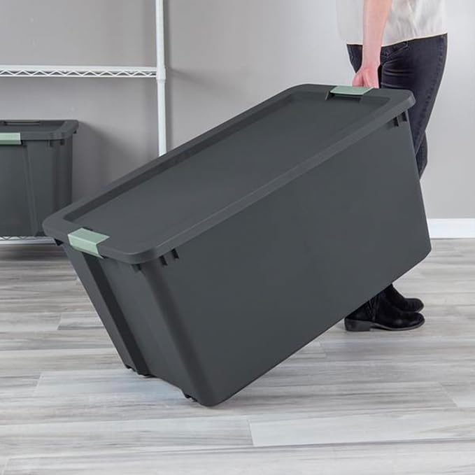Sterilite 12 Pack 45 Gallon Wheeled Latch Tote, Stackable Plastic Storage Bin, Gray/Green