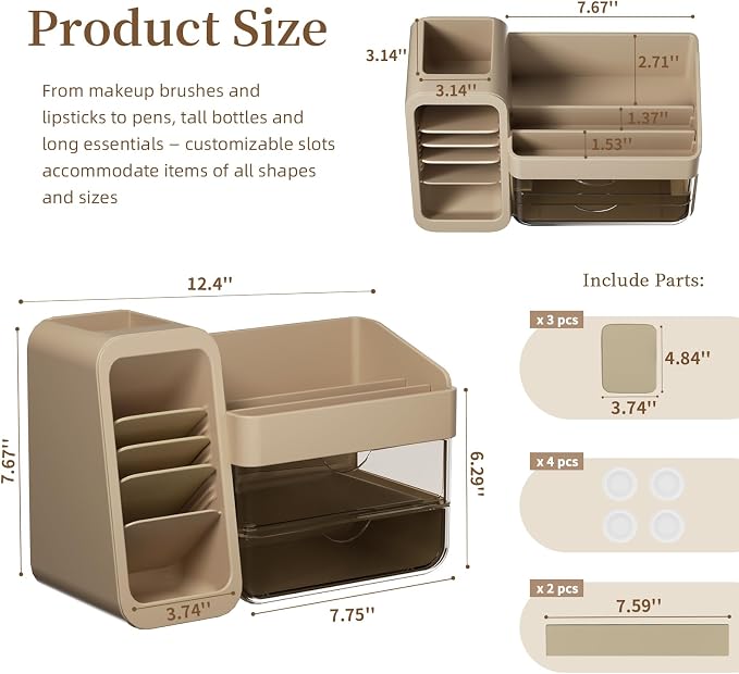 Makeup Organizer Countertop with DIY Adjustable Brush Holder for Vanity | Thickened Material, Large Bathroom Organizer Skincare Storage for Perfume, Lipstick, Nail Polish, Eyeshadow Palettes, Brown