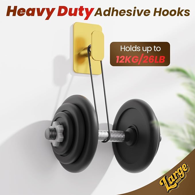 Large Heavy Duty Wall Hooks - 26lb Max, Stainless Steel Adhesive Towel Hooks for Hanging Towel, Coat, Robe, Hat, Sticky Towel Holder for Wall Mount in Bathroom, Shower, Kitchen (Gold, 2 Pack)