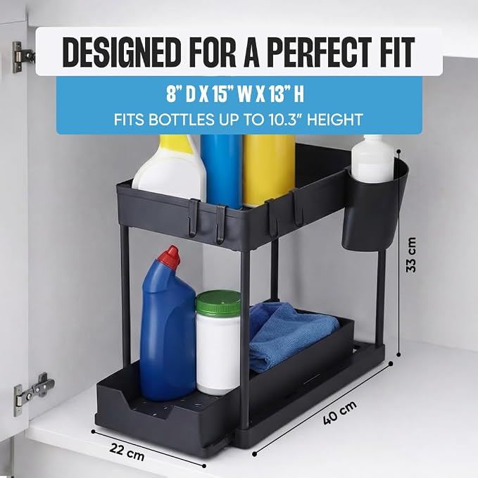 Undersink Organizer, 2-Tier Under Sink Storage Rack with Sliding Drawers for Kitchen Bathroom Cabinets, Pull Out Organizer for Pantry, Laundry Room & Closet Organization - 2 Pack, Black