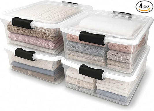 HOMZ 3420CLGRDC.04 Clear storage container with lid, 15.5 Quart (4 Pack), Grey, 4 Sets | Stackable Container Set for Home, Office Shelves, Kitchen, Garage, and Bathroom Organization