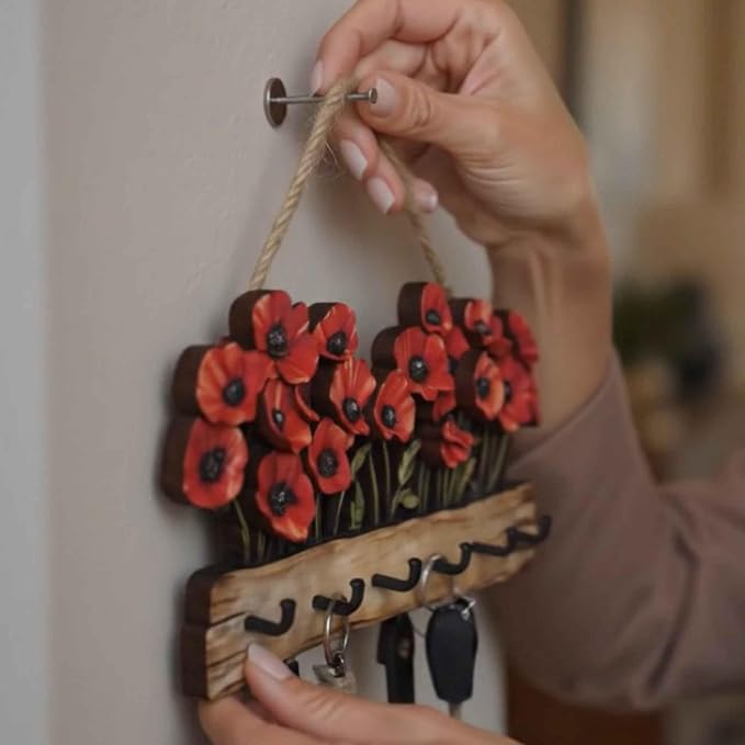 Oak & Hearth Wooden Key Holder for Wall – Rustic Poppy Flower Key Rack with 6 Hooks – Farmhouse Entryway Organizer & Wall Decor