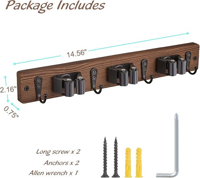 OUTNILI 2 Pack Mop Broom Holder Wall Mount with 3 Slots & 4 Hooks - Rustic Wood Broom Mop Hanger for Pantry Kitchen Organization - Garden Tool Organizer for Closet Laundry Room