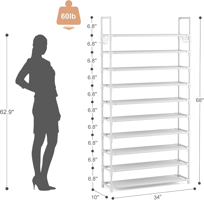 VTRIN 10 Tiers Shoe Rack Tall Large Capacity Wide Shoe Organizer Sturdy Shoe Shelf for Entryway with Two Hooks Metal Shoe Storage for Closet, Bedroom, White