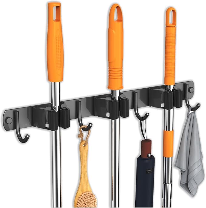 CUXIXA 2 Pack Mop and Broom Holder Wall Mount, Non-slip Broom Hanger Wall Mount, Heavy Duty Mop Broom Organizer for Kitchen Garden Garage Laundry Room Wall Decor Organization and Storage Black 3R4H