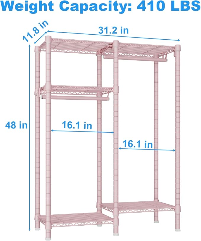 F1 Clothes Rack for Kids, Baby, Students, and Children's Room, 4 Tiers Portable Metal Closet Clothing Rack, Small Garment Rack with 2 Hanging Rod, 31.2" W x 11.8" D x 48" H, Pink | Clothing Rack for Baby and Children's Room, Small Freestanding Clothes ...