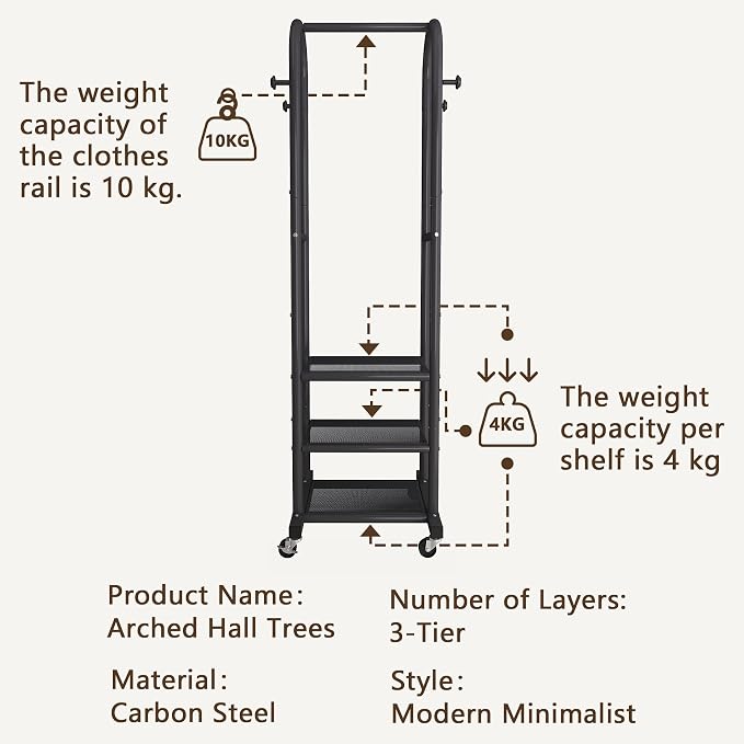 Dttwacoyh Clothing Rack with Wheels,Narrow Metal Garment Rack,Black | Easy to install, 71.8 Inches Display Rack with 4 Side Hooks & 3 Shelves,for Small Flats, Bedroom, Entryway,Black Clothes Rack