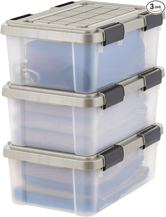 IRIS USA 3-Pack 16 Qt Storage Bins with Gasket Lids, Clear/Chrome | WeatherPro seal protects shoes, crafts, documents and supplies from dust and moisture