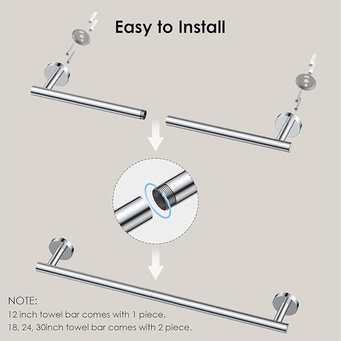 FORIOUS Towel Bar 30" Towel Racks for Bathroom Wall Mounted Chrome | Total Length 32 Inch, Rustproof, Stainless Steel Towel Holder, Wall Mounted for Bathroom Bedroom, Heavy Duty, Space Saving