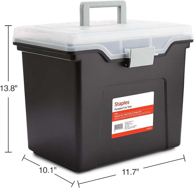 STAPLES File Box Portable Tote, Letter Size, Black, 2-Pack, Handle | Lightweight storage tote for transporting and organizing hanging files.