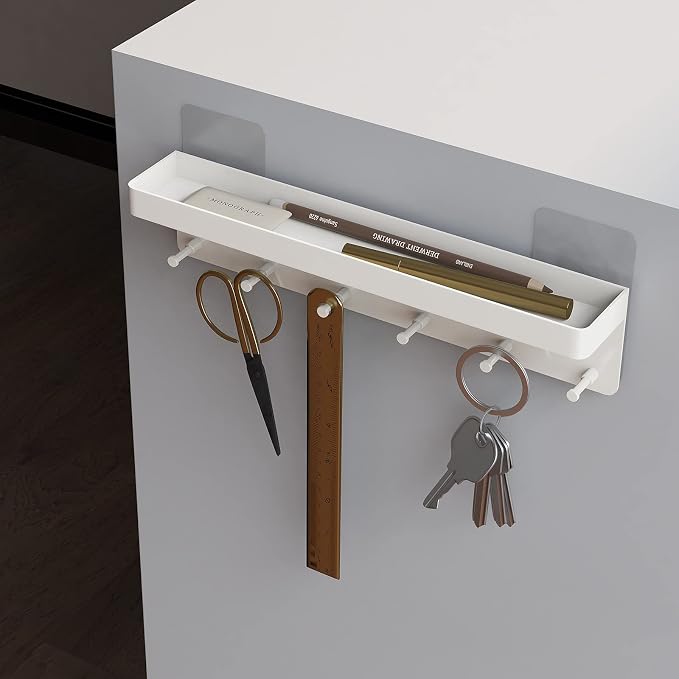 MKO Key Holder Wall Mount, Adhesive Key Hanger with 6 Hooks for Wall, White | Metal Material, Key Rack with Shelf, Wall Mount, Mail Organizer Tray, Suitable for Entryway, Hallway, Living Room