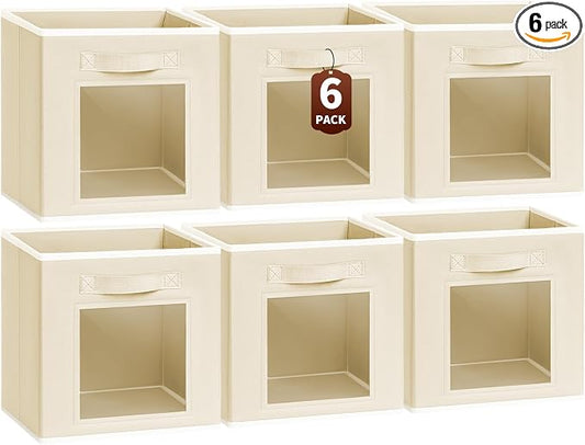Storage Baskets for Organizing - 6 Pack Cube Storge Bins, Foldable Storage Bins with Handle, Closet Organizers and Storage Baskets for Toys, Clothes, Beige