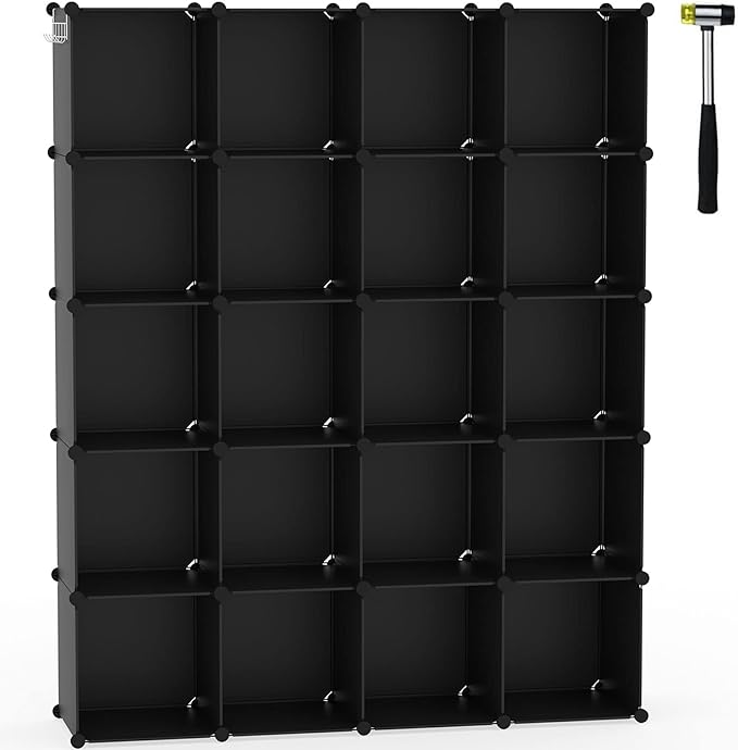 C&AHOME 20-Cube Shelf, Plastic Cube Storage Organizer, DIY Bookshelf Black | Stackable Modular Closet Cabinet Ideal for Bedroom, Living Room, Office, 48.4" L x 12.4" W x 60.6" H