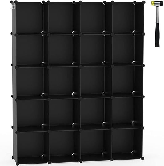 C&AHOME 20-Cube Shelf, Plastic Cube Storage Organizer, DIY Bookshelf Black | Stackable Modular Closet Cabinet Ideal for Bedroom, Living Room, Office, 48.4" L x 12.4" W x 60.6" H