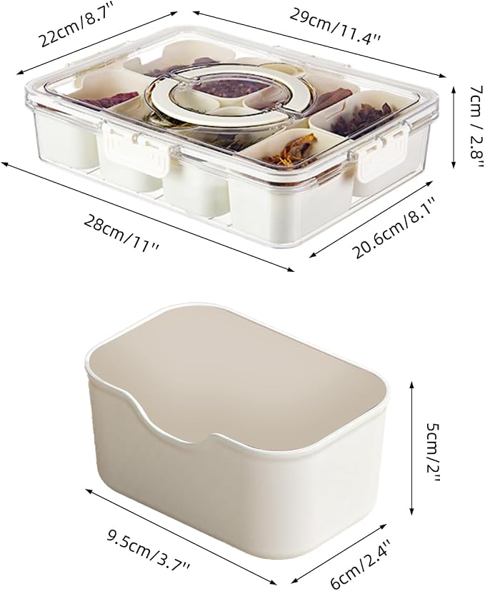 Pure Future Air-Tight Snackle Box Container –Divided Serving Tray with Lid & Handle–Clear Snack box for Fruits, Candy & Nuts–Portable for Travel & Daily Use (8 Inside Containers Dishwasher Safe)