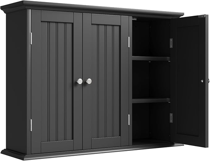 ChooChoo Laundry Cabinet with 3 Doors and Adjustable Shelves | 9.06"D x 31.1"W x 24"H, Bathroom Wall Cabinet, Cupboard, Black