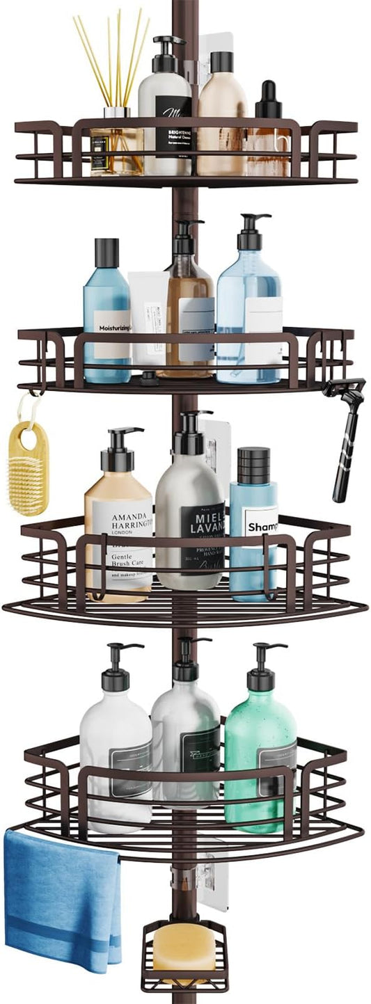 Consumest Corner Shower Caddy Tension Pole - Rustproof Shower Shelves with Towel Bar & Soap Holder, Adjustable Bath Organizer for Bathroom Storage, 27.6-108.3 inch, Bronze