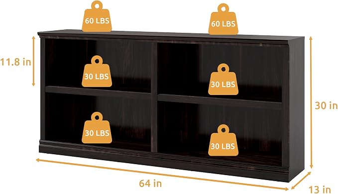64" W Double Wide Horizontal Bookshelf, 2 Tiers 4 Storage Cube Book Case | Open Shelf Bookcase, Display Cabinet Organizer Indoor Furniture, Home Library Office, Dark Cherry, Adjustable Shelf