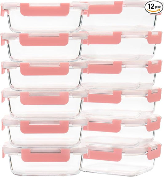 GULFLIN 12-Pack, 22oz Glass Meal Prep Containers with Lids, Pink Set | Glass Food Storage Containers, Great for Leftovers and Taking Your Lunch to Work. Perfect size.