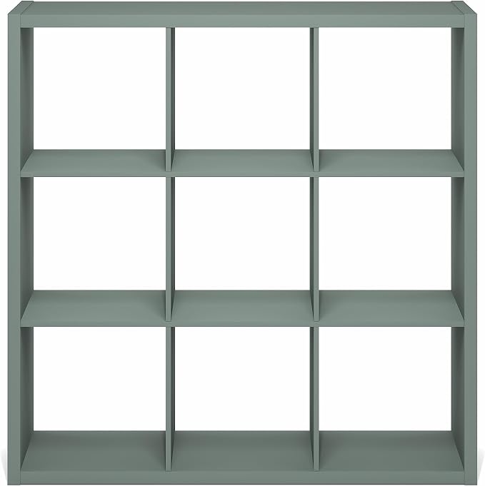 Furinno Cubicle 9-Cube Book Shelf, Extra Thick Frame Bookshelf, Sage Green | 14.6" x 44" x 44", Reversible Bookcase with Open Back, for Living Room, Bedroom, Home Office
